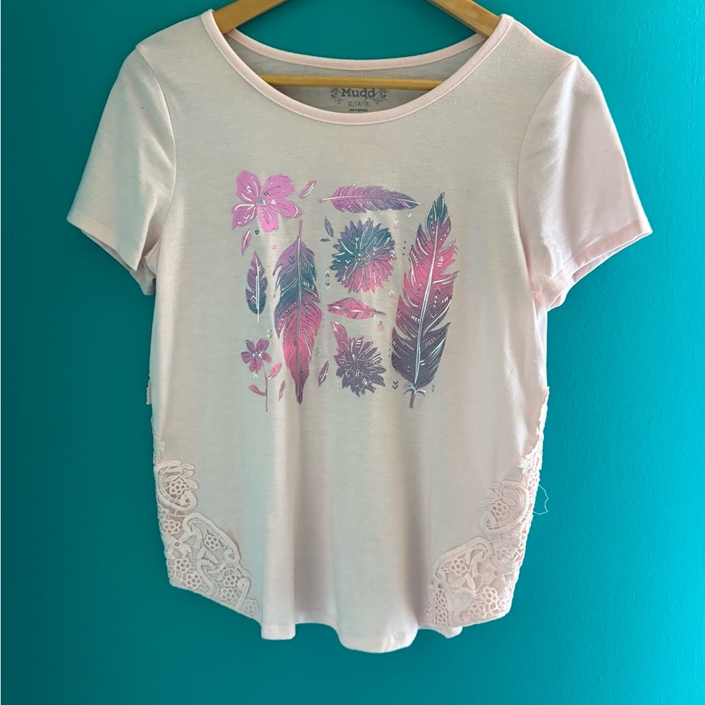 Mudd Pink Graphic Tee with Lace Accents